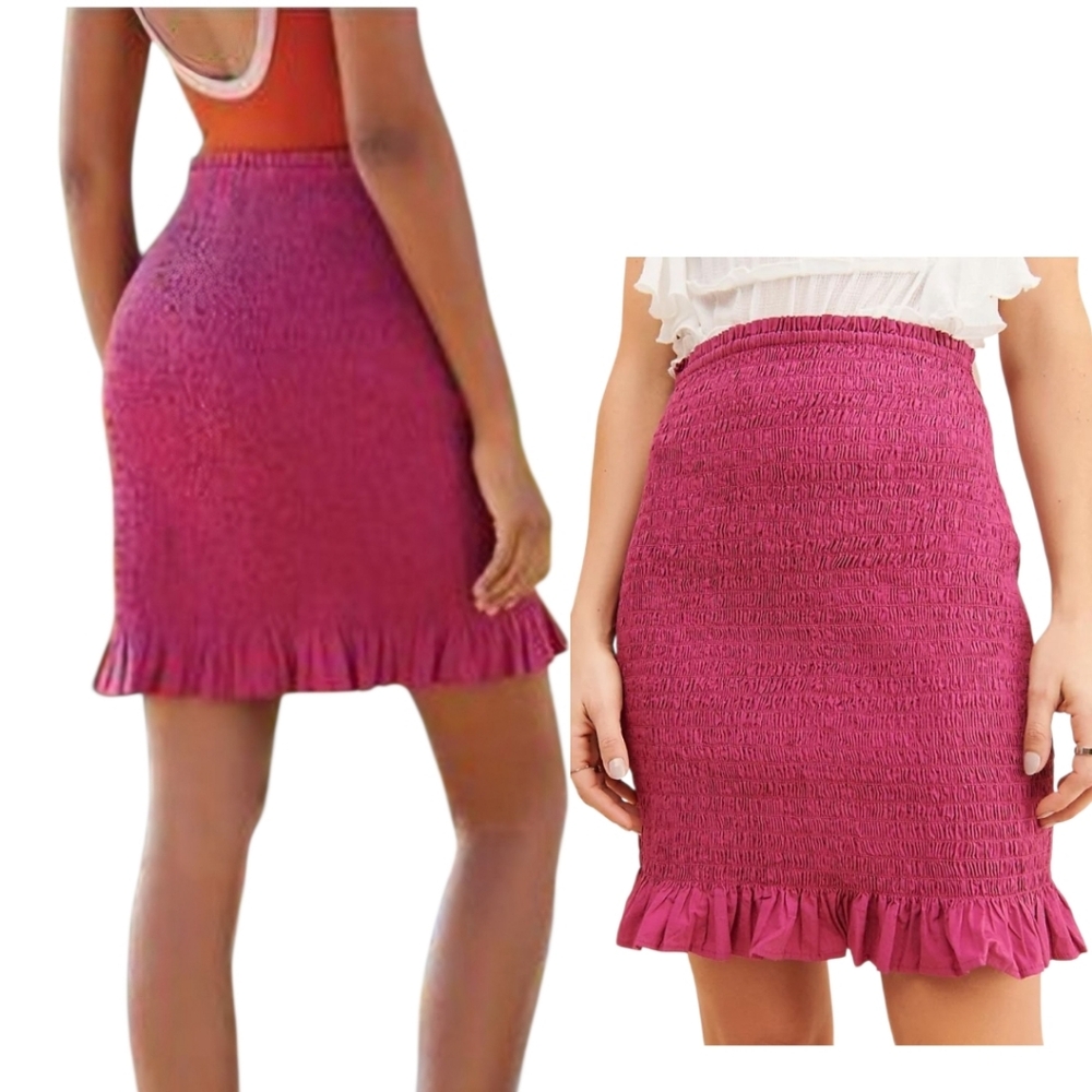 NWT Anthropologie Smocked Ruffle Hem Mini Skirt Magenta Pink Purple Pull On XS